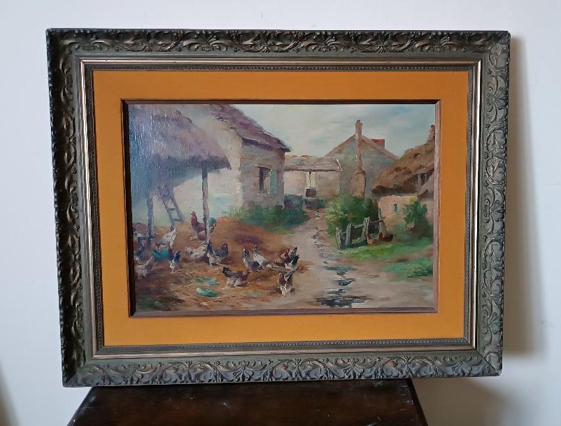 Dipinto olio su tela Edmond Van Coppenolle (1846-1914) Paesaggio Con Galline