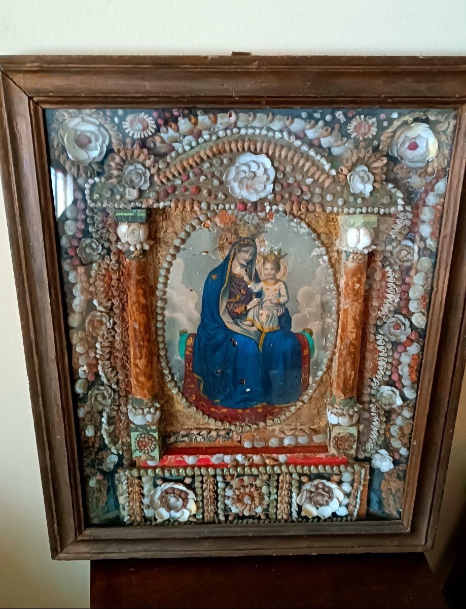 Grande esecuzione Madonna di Montenero in teca corallo e conchiglie  XIX secolo-photo-2