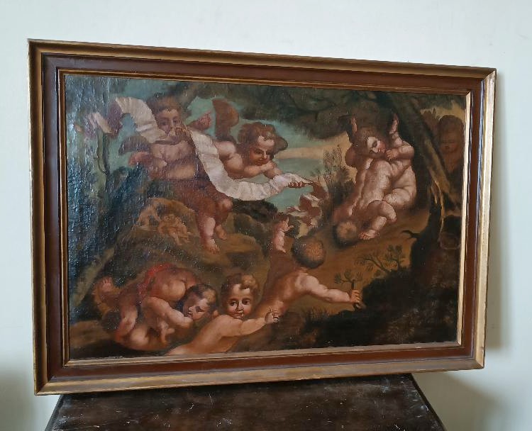 Antico dipinto olio su tela ,cherubini ,scuola italiana XVIII secolo-photo-2