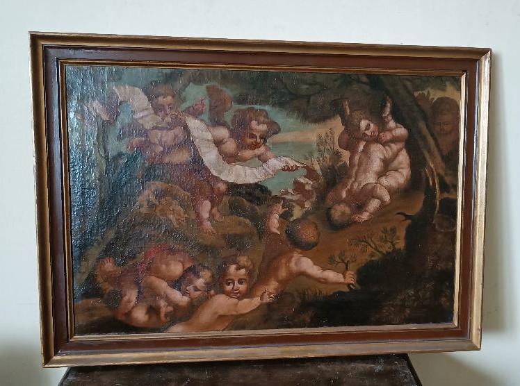 Antico dipinto olio su tela ,cherubini ,scuola italiana XVIII secolo-photo-3