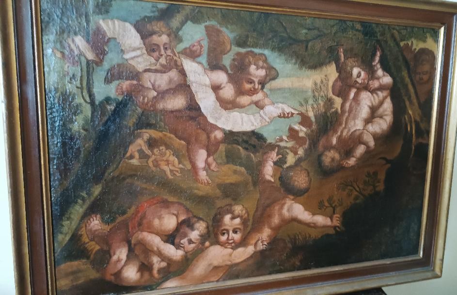 Antico dipinto olio su tela ,cherubini ,scuola italiana XVIII secolo-photo-4