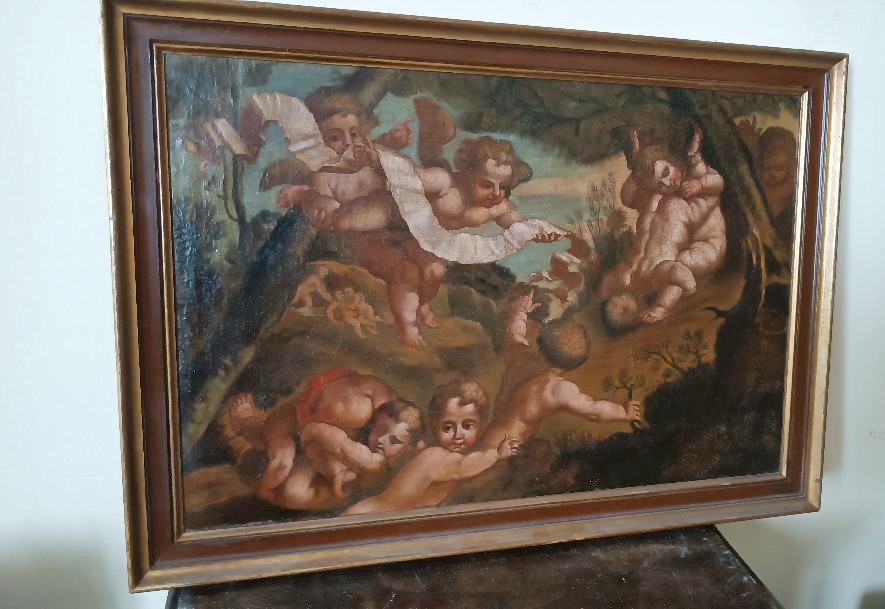 Antico dipinto olio su tela ,cherubini ,scuola italiana XVIII secolo-photo-1