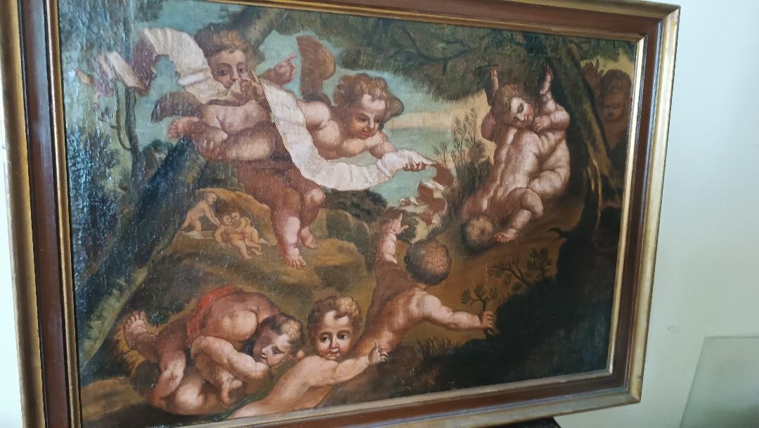 Antico dipinto olio su tela ,cherubini ,scuola italiana XVIII secolo-photo-8