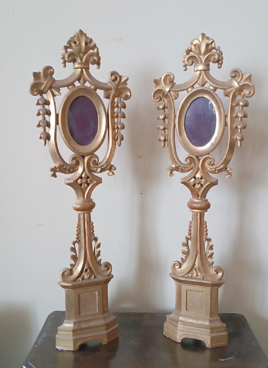 Grande coppia di reliquiari in legno dorato-stile neogotico -h.80 cm-photo-2