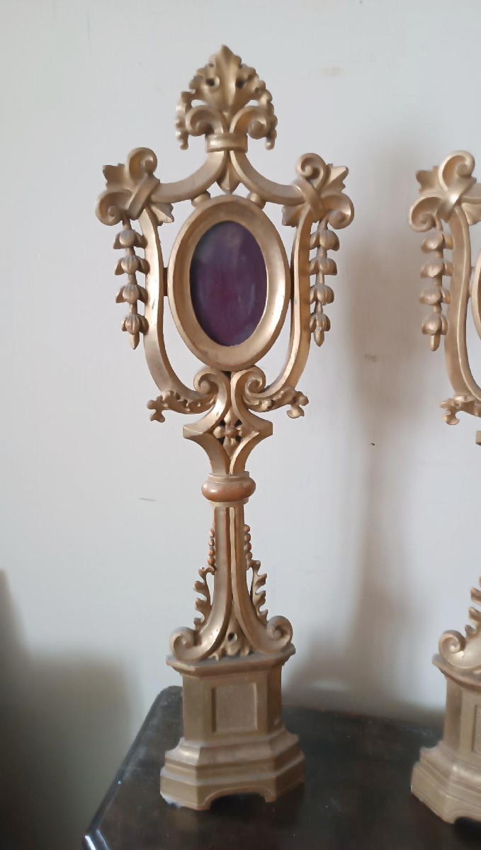 Grande coppia di reliquiari in legno dorato-stile neogotico -h.80 cm-photo-3