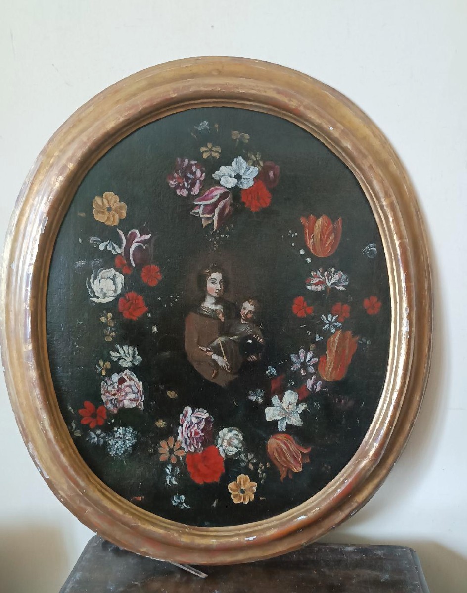 Dipinto olio su tela ,scuola italiana,Madonna con bambino su ghirlanda di fiori-XVII secolo-photo-2