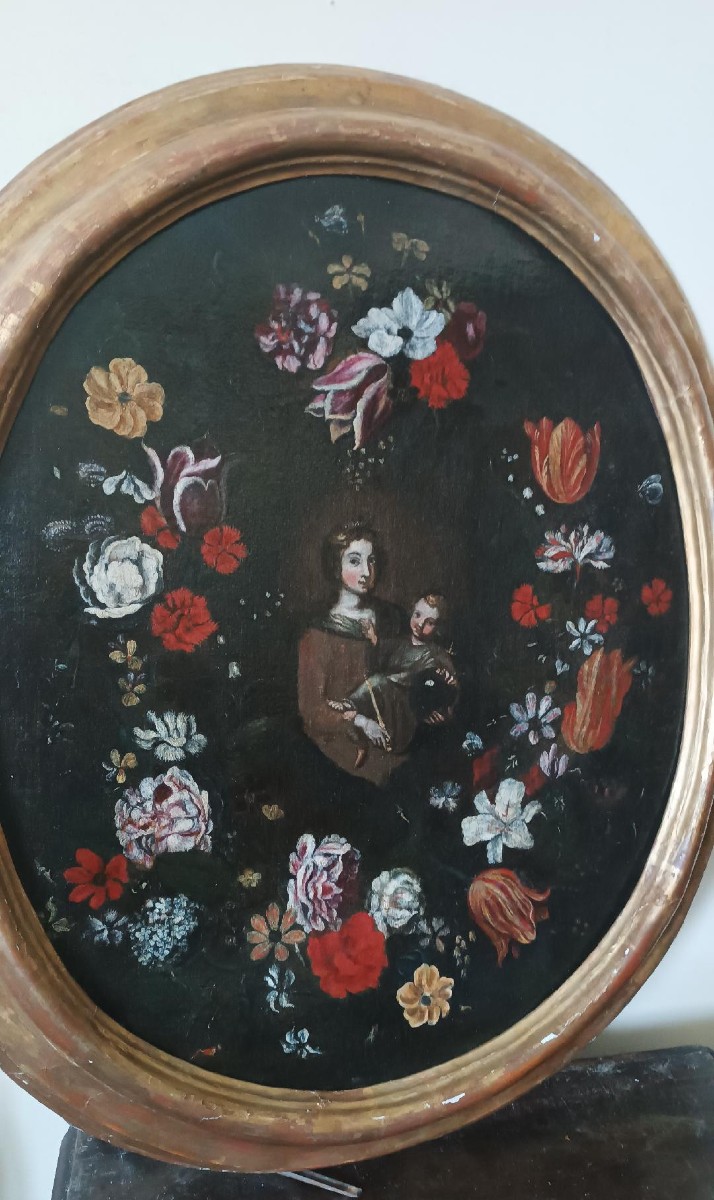 Dipinto olio su tela ,scuola italiana,Madonna con bambino su ghirlanda di fiori-XVII secolo-photo-3