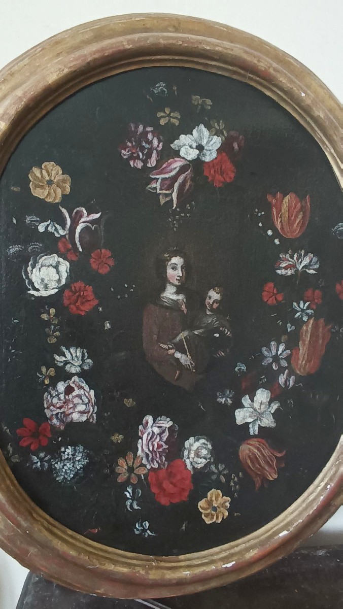 Dipinto olio su tela ,scuola italiana,Madonna con bambino su ghirlanda di fiori-XVII secolo-photo-6