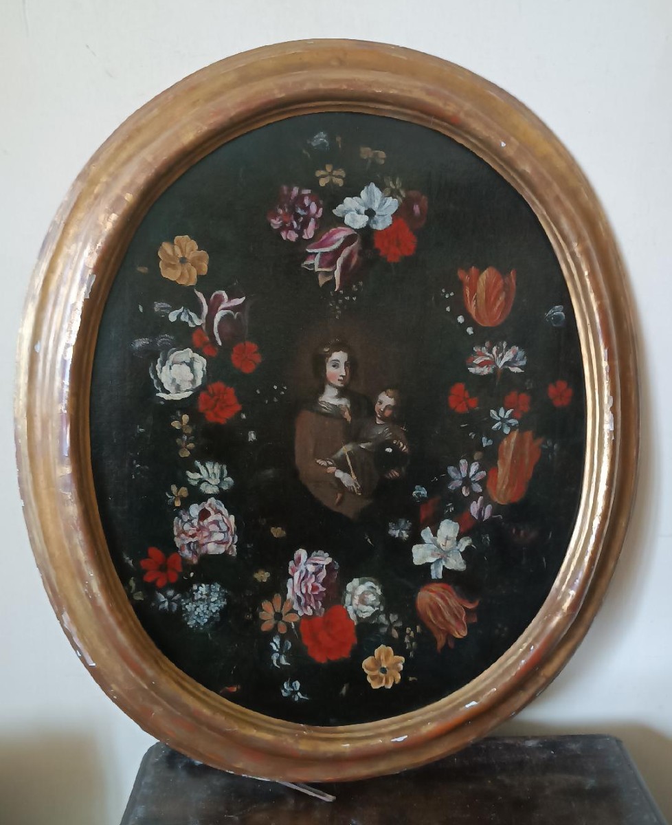 Dipinto olio su tela ,scuola italiana,Madonna con bambino su ghirlanda di fiori-XVII secolo