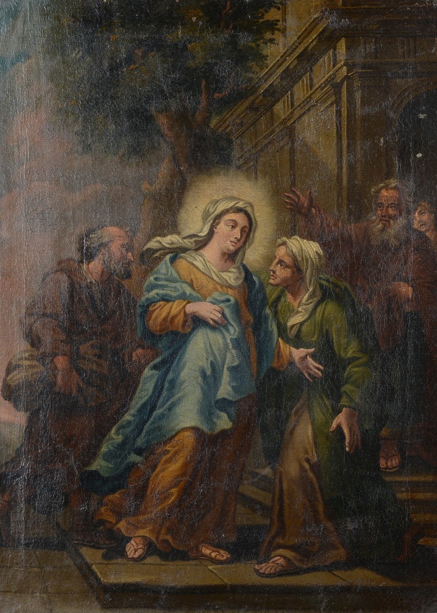 Dipinto olio su tela antico scuola italiana XVIII secolo -Visitazione-photo-3