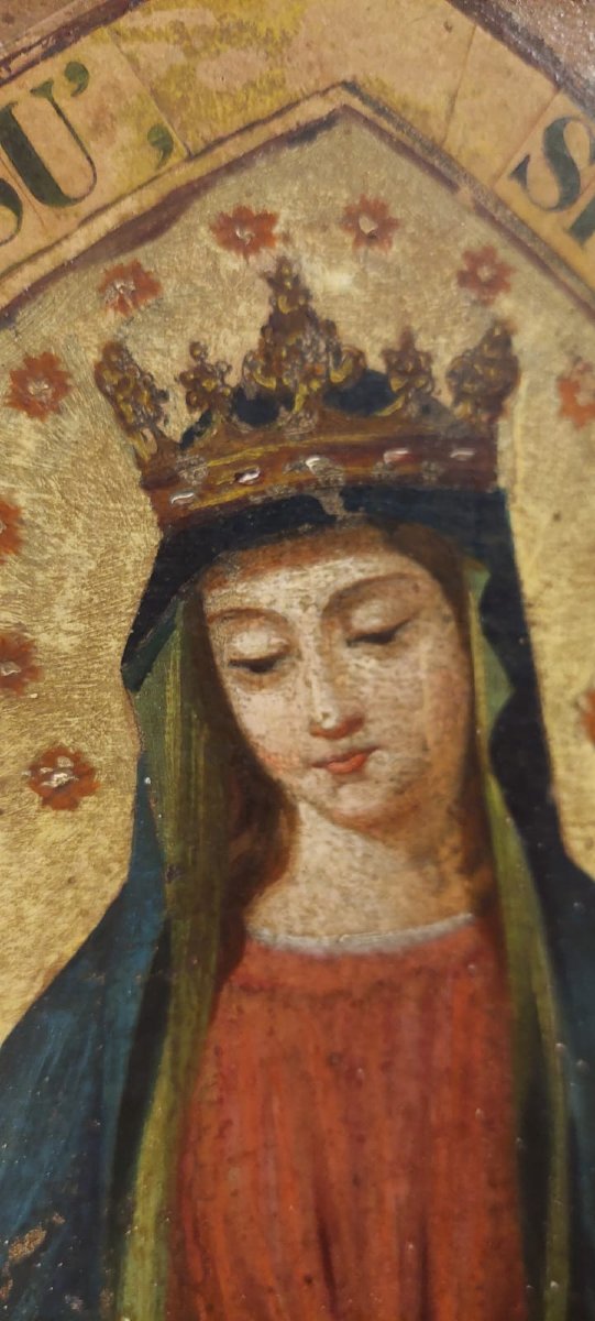 DIPINTO SU TELA MADONNA CON BAMBINO XIX SECOLO ORIGINALE CORNICE DORATA-photo-2