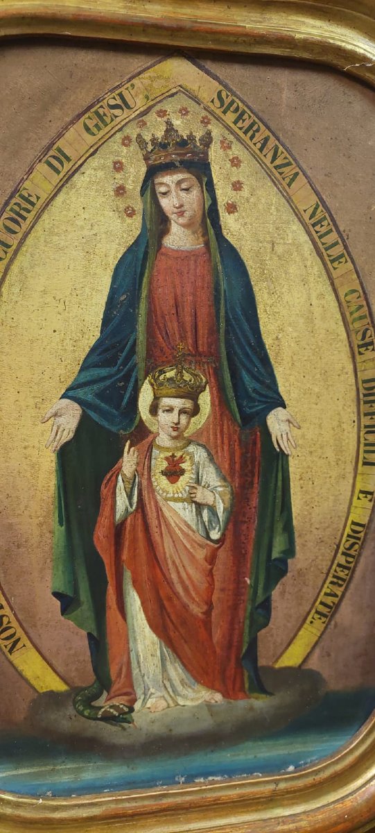DIPINTO SU TELA MADONNA CON BAMBINO XIX SECOLO ORIGINALE CORNICE DORATA-photo-4