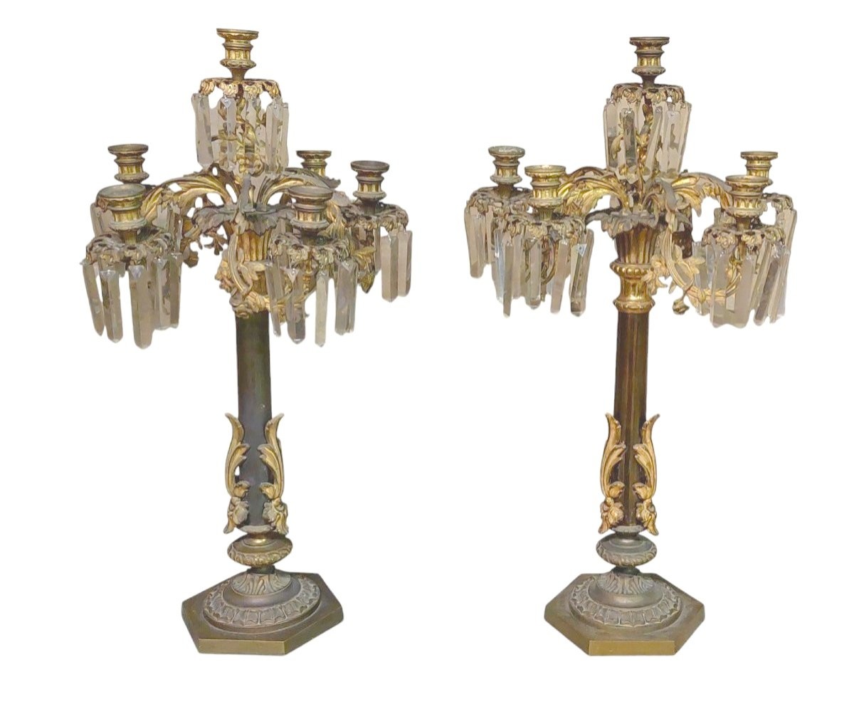 COPPIA IMPORTANTI  GRANDI CANDELIERI A  SEI LUCI IN BRONZO CESELLATO E  DORATO AL MERCURIO h.73-photo-2