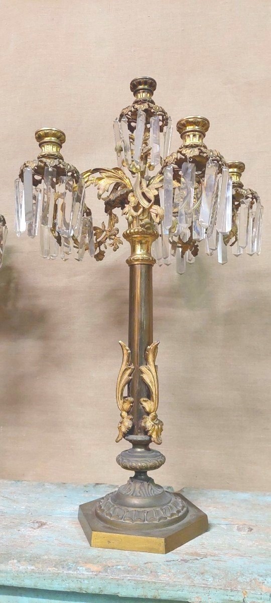 COPPIA IMPORTANTI  GRANDI CANDELIERI A  SEI LUCI IN BRONZO CESELLATO E  DORATO AL MERCURIO h.73-photo-4