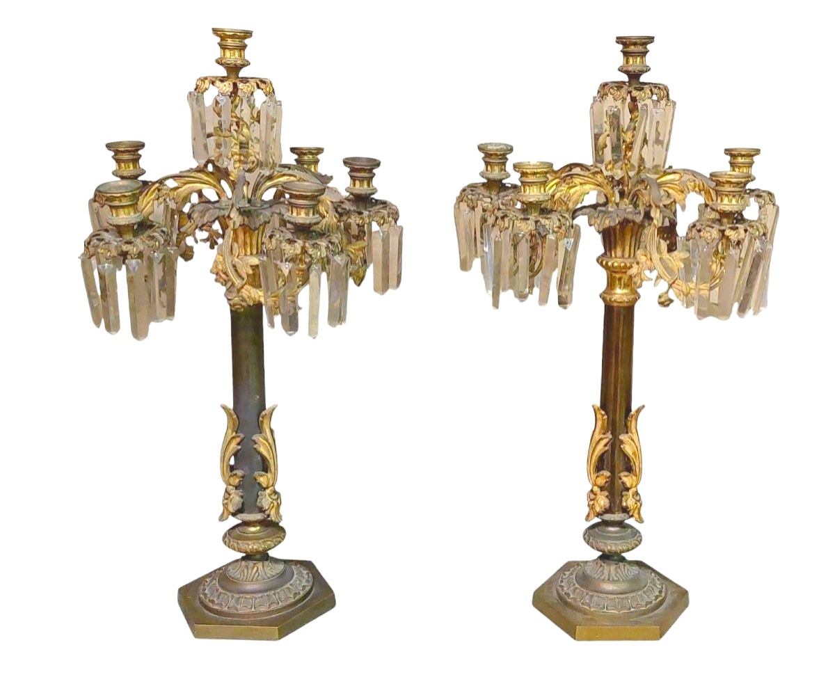 COPPIA IMPORTANTI  GRANDI CANDELIERI A  SEI LUCI IN BRONZO CESELLATO E  DORATO AL MERCURIO h.73-photo-2