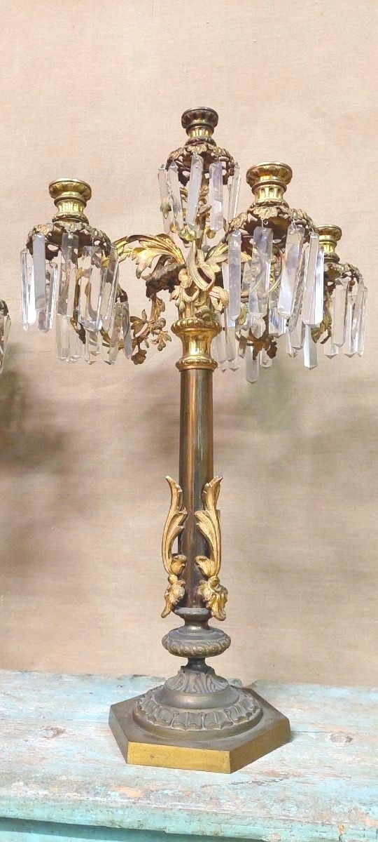 COPPIA IMPORTANTI  GRANDI CANDELIERI A  SEI LUCI IN BRONZO CESELLATO E  DORATO AL MERCURIO h.73-photo-4