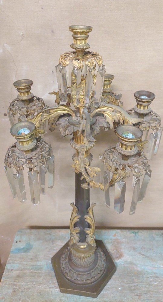 COPPIA IMPORTANTI  GRANDI CANDELIERI A  SEI LUCI IN BRONZO CESELLATO E  DORATO AL MERCURIO h.73-photo-4