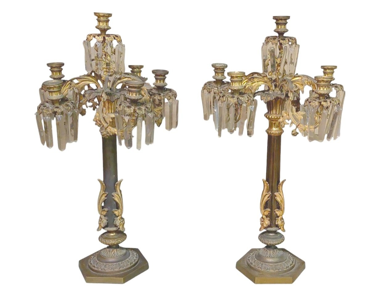 COPPIA IMPORTANTI  GRANDI CANDELIERI A  SEI LUCI IN BRONZO CESELLATO E  DORATO -photo-2