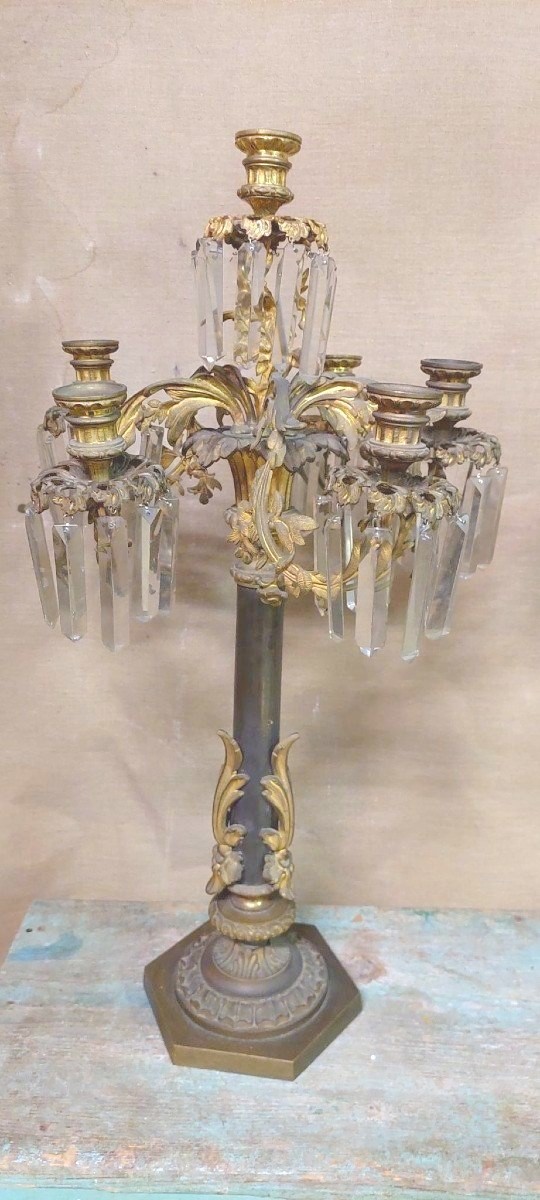 COPPIA IMPORTANTI  GRANDI CANDELIERI A  SEI LUCI IN BRONZO CESELLATO E  DORATO -photo-3