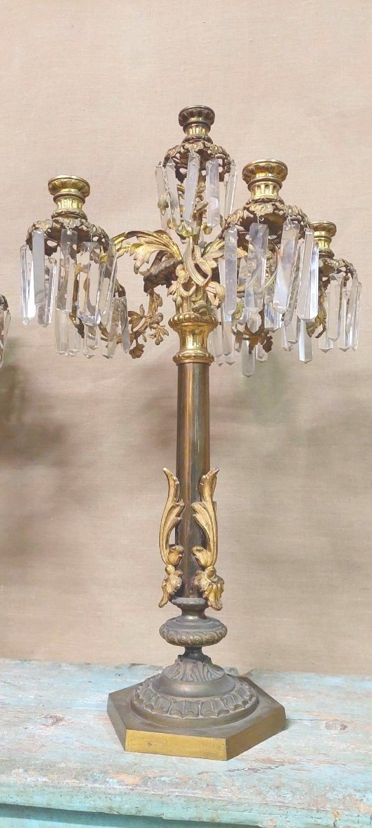 COPPIA IMPORTANTI  GRANDI CANDELIERI A  SEI LUCI IN BRONZO CESELLATO E  DORATO -photo-4