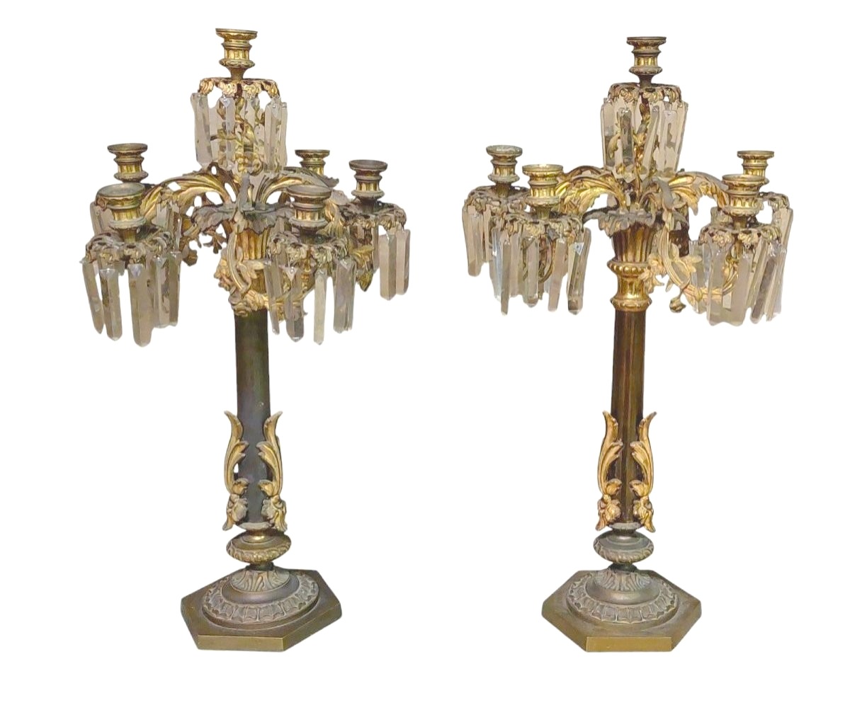 COPPIA IMPORTANTI  GRANDI CANDELIERI A  SEI LUCI IN BRONZO CESELLATO E  DORATO -photo-2