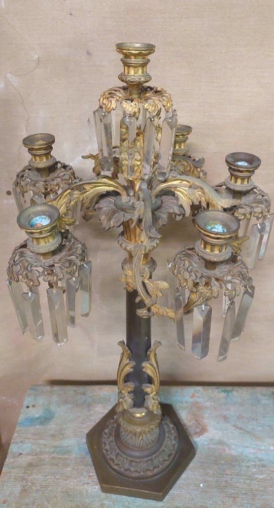 COPPIA IMPORTANTI  GRANDI CANDELIERI A  SEI LUCI IN BRONZO CESELLATO E  DORATO -photo-5