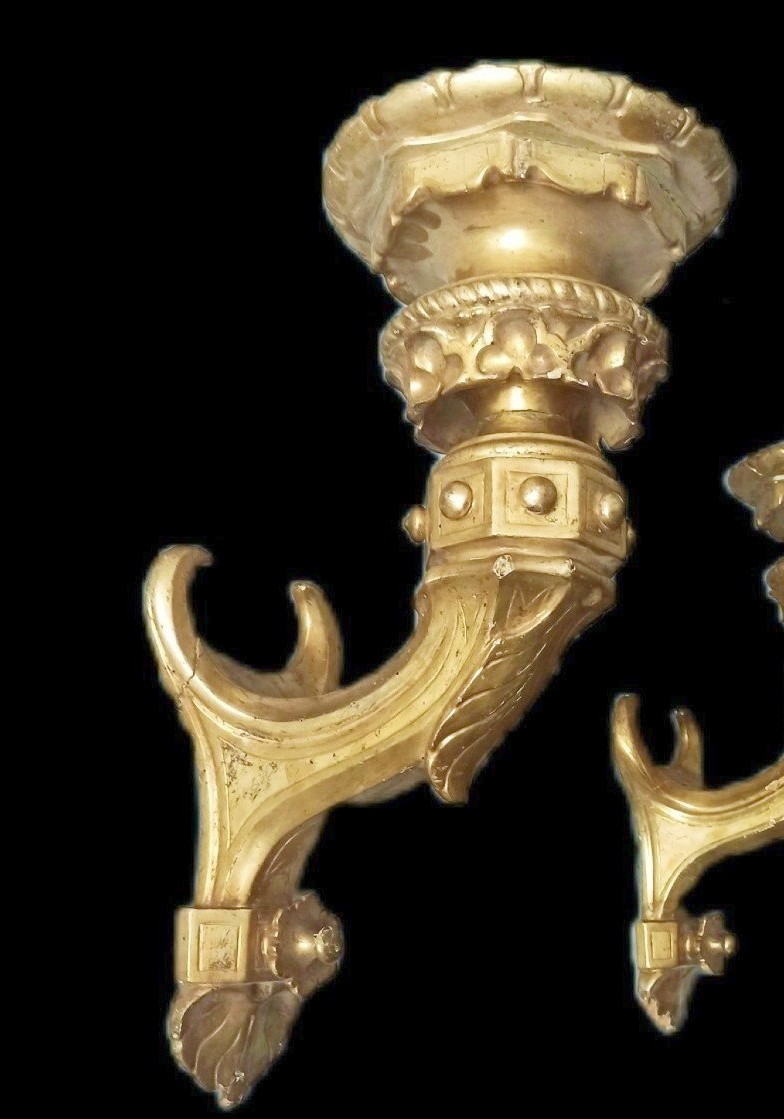 Grande vecchia coppia di candelieri da parete dorati - applique in legno dorato-photo-2