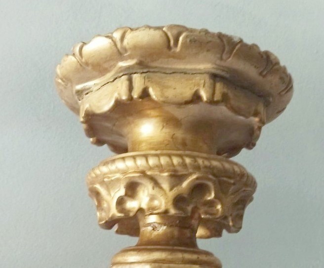 Grande vecchia coppia di candelieri da parete dorati - applique in legno dorato-photo-3