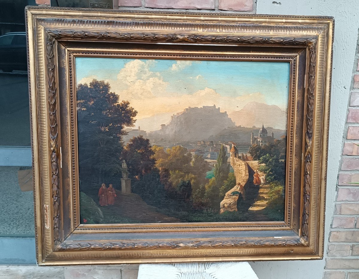 Grande dipinto olio su tela veduta di salisburgo XIX secolo
