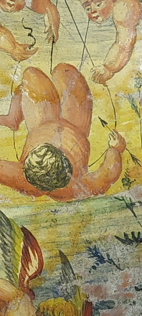 ANTICO PIATTO DIPINTO A FREDDO AMORINI FINE 800 ITALIA MAIOLICA-photo-1