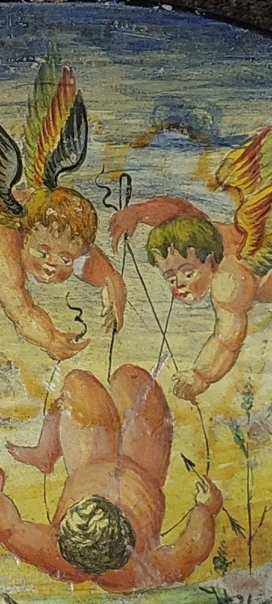 ANTICO PIATTO DIPINTO A FREDDO AMORINI FINE 800 ITALIA MAIOLICA-photo-3
