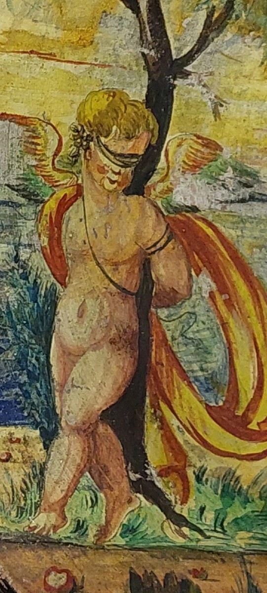ANTICO PIATTO DIPINTO A FREDDO AMORINI FINE 800 ITALIA MAIOLICA-photo-4