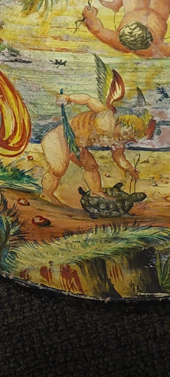 ANTICO PIATTO DIPINTO A FREDDO AMORINI FINE 800 ITALIA MAIOLICA-photo-6