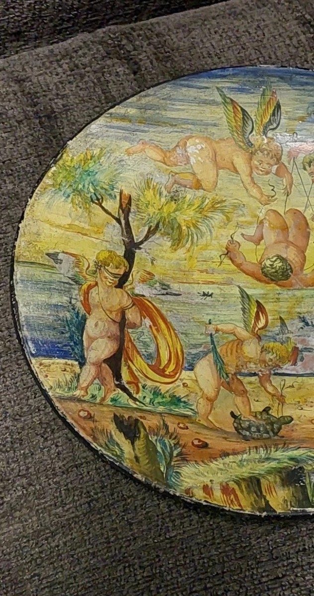 ANTICO PIATTO DIPINTO A FREDDO AMORINI FINE 800 ITALIA MAIOLICA-photo-7