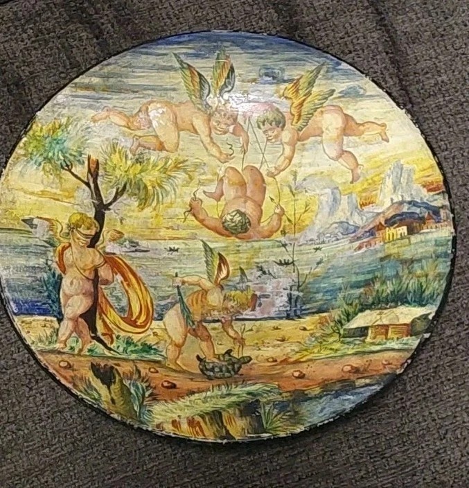 ANTICO PIATTO DIPINTO A FREDDO AMORINI FINE 800 ITALIA MAIOLICA-photo-8