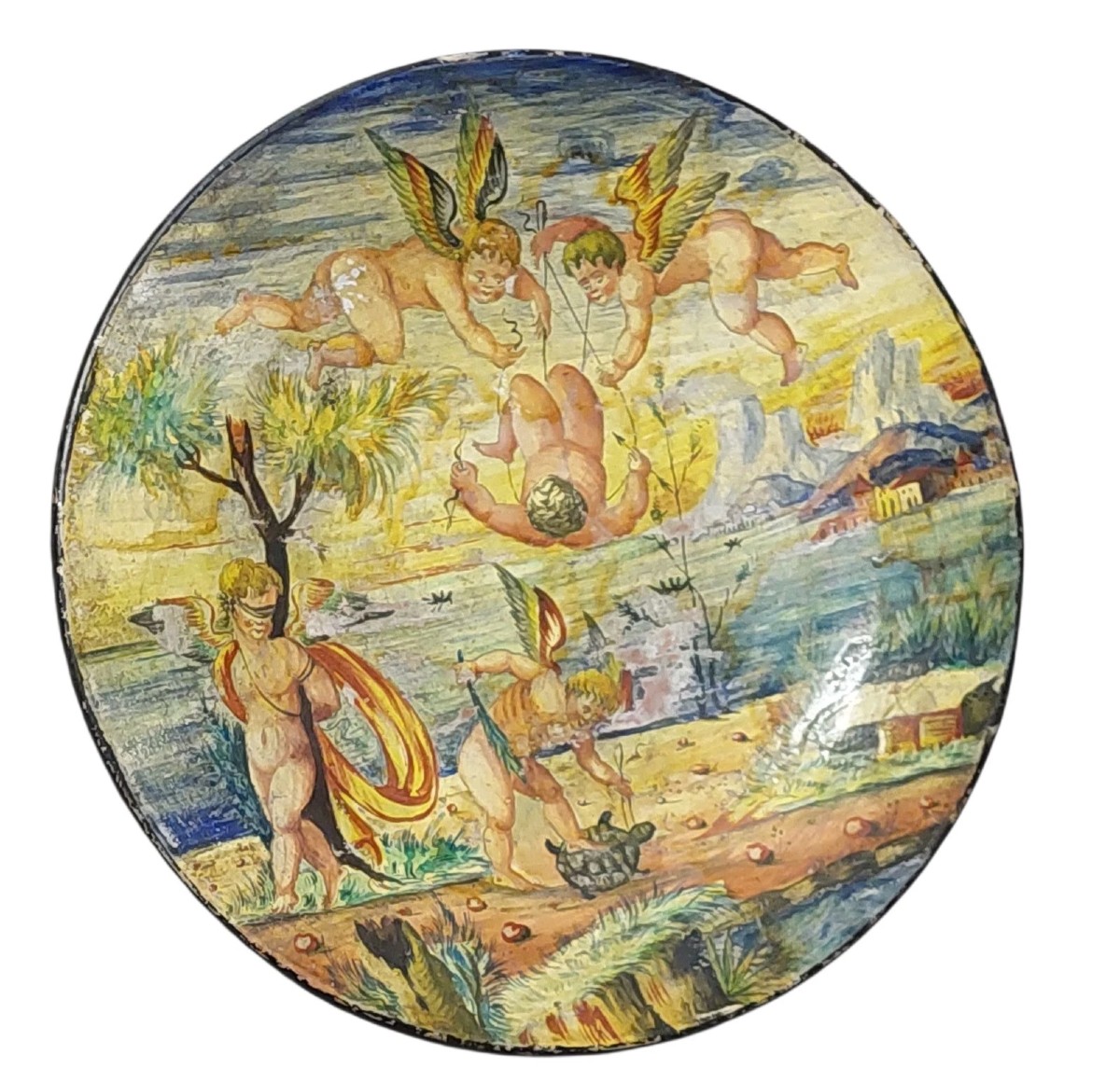 ANTICO PIATTO DIPINTO A FREDDO AMORINI FINE 800 ITALIA MAIOLICA
