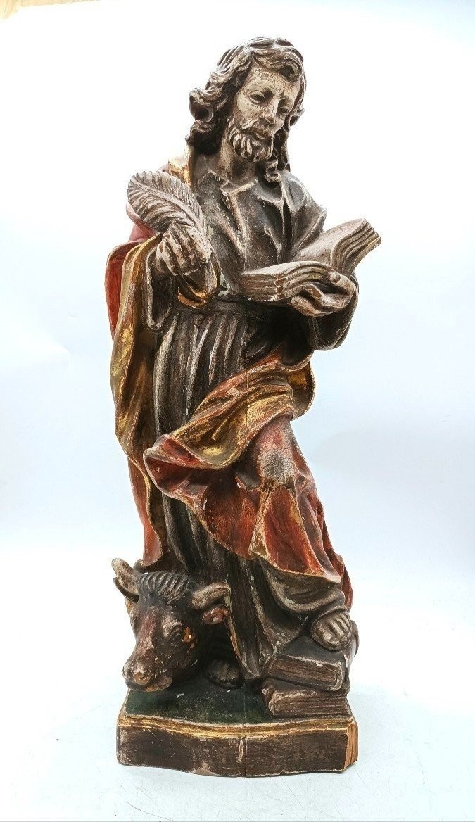 scultura San Luca evangelista Val Gardena inizi XX SECOLO -h.60 cm