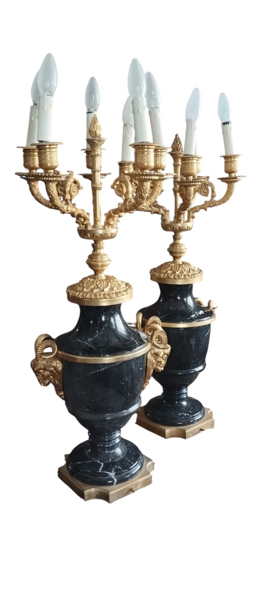 coppia di grandi candelabri  in marmo e bronzo  dorato H.70 CM-photo-3