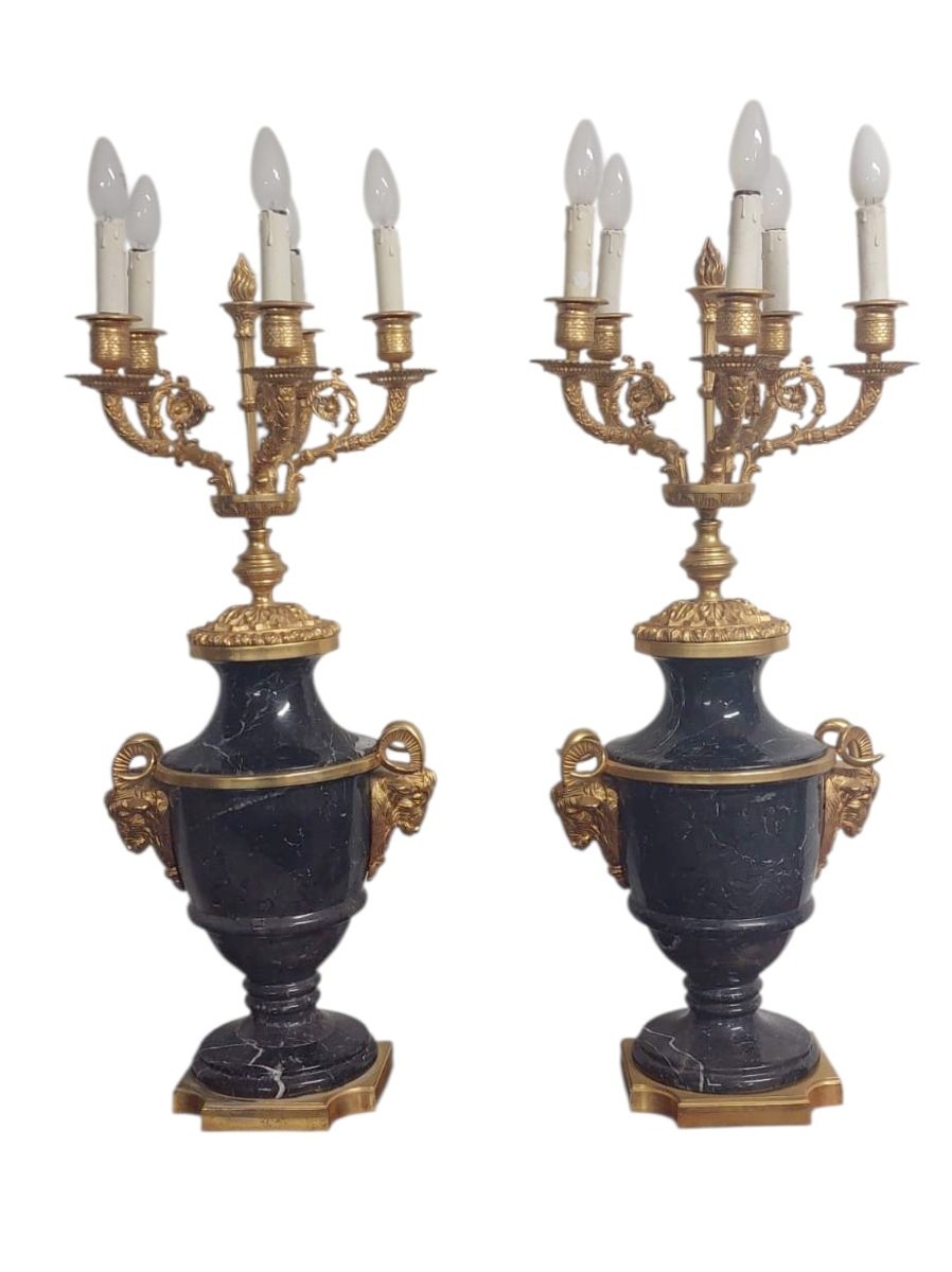 coppia di grandi candelabri  in marmo e bronzo  dorato