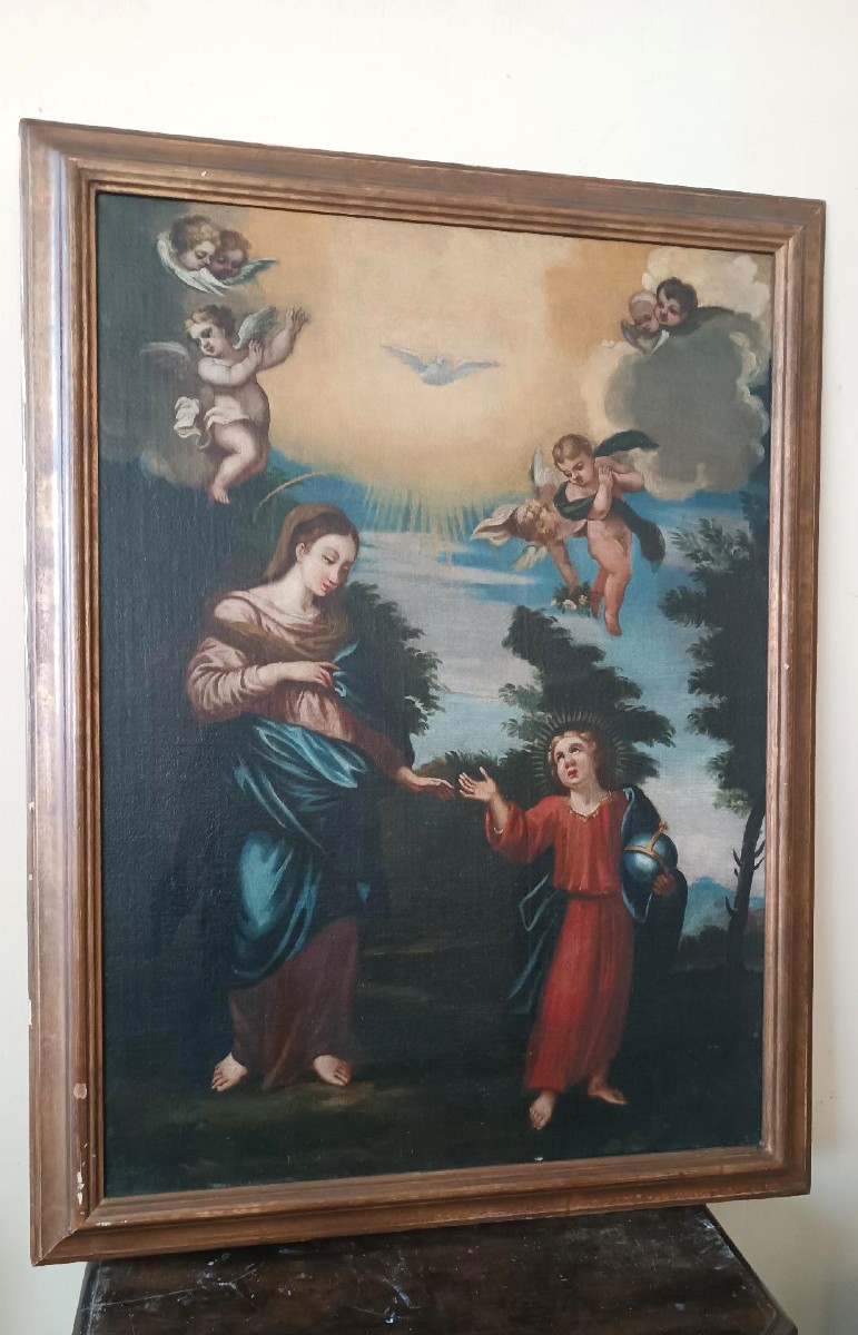 Dipinto antico olio su tela madonna con bambino e angeli XVIII secolo-photo-2