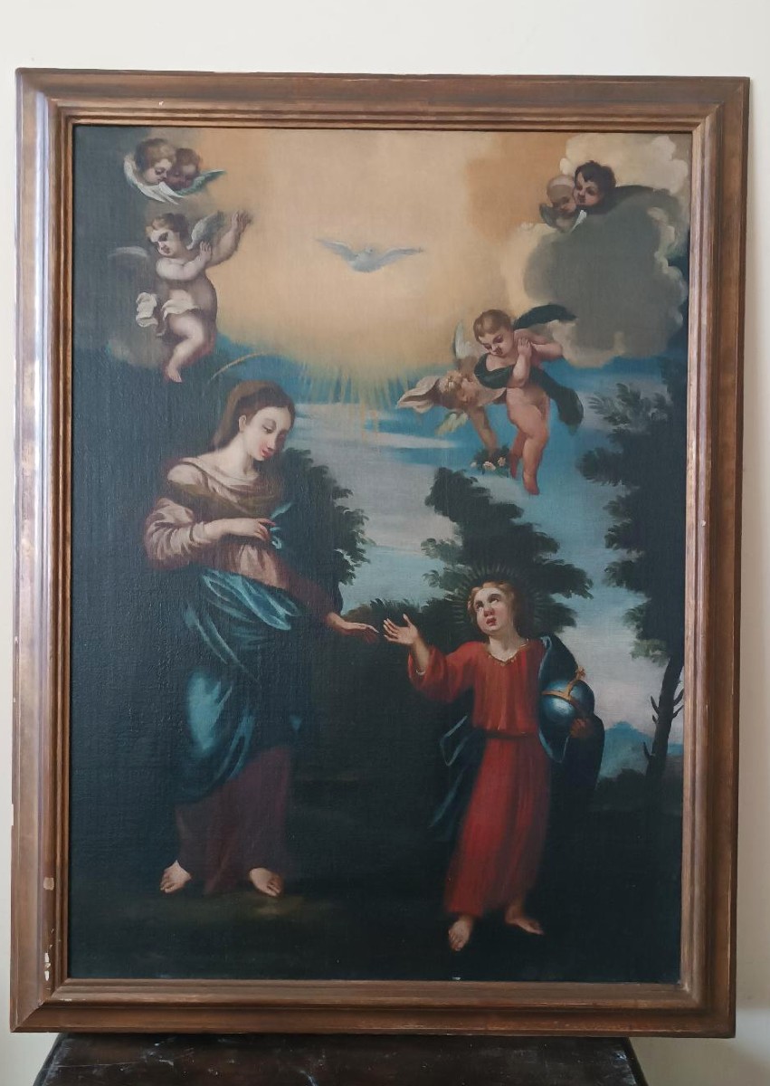 Dipinto antico olio su tela madonna con bambino e angeli XVIII secolo-photo-3