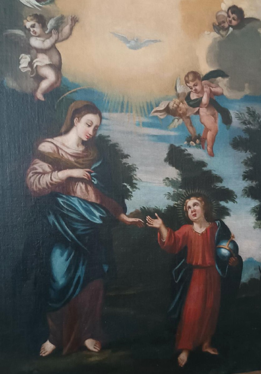 Dipinto antico olio su tela madonna con bambino e angeli XVIII secolo-photo-4