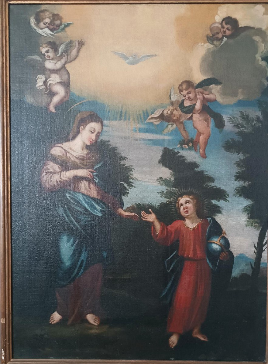 Dipinto antico olio su tela madonna con bambino e angeli XVIII secolo-photo-1