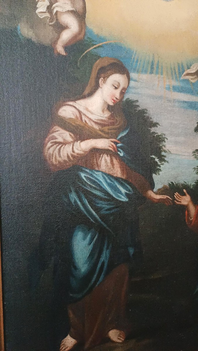 Dipinto antico olio su tela madonna con bambino e angeli XVIII secolo-photo-2