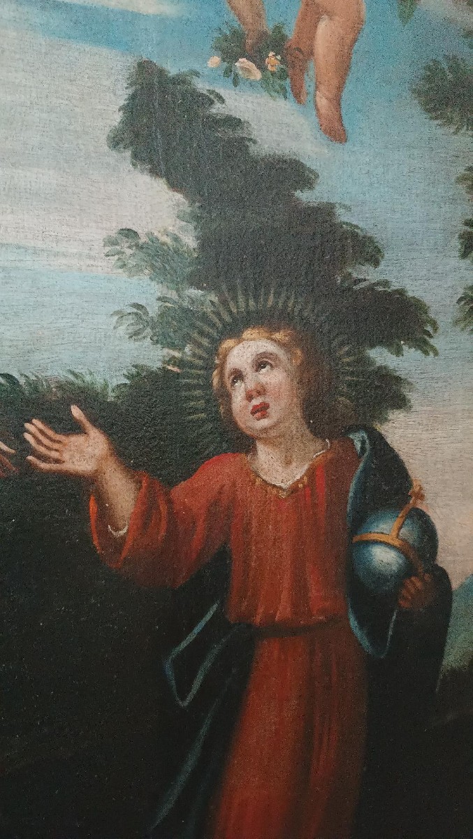 Dipinto antico olio su tela madonna con bambino e angeli XVIII secolo-photo-3