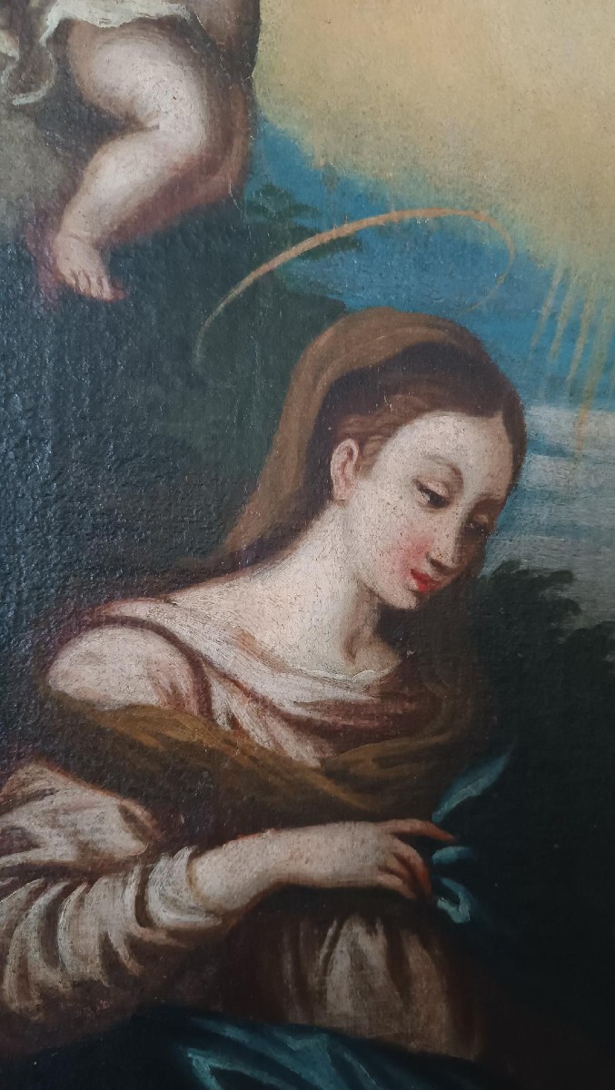 Dipinto antico olio su tela madonna con bambino e angeli XVIII secolo-photo-4