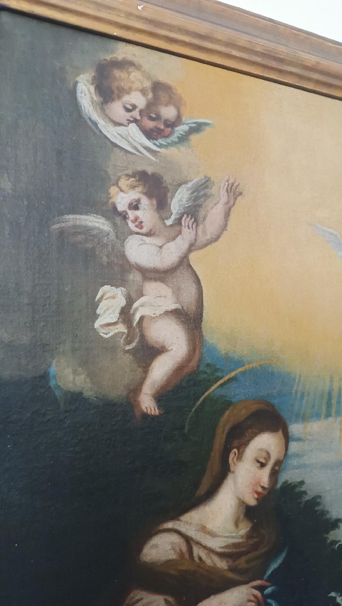 Dipinto antico olio su tela madonna con bambino e angeli XVIII secolo-photo-6