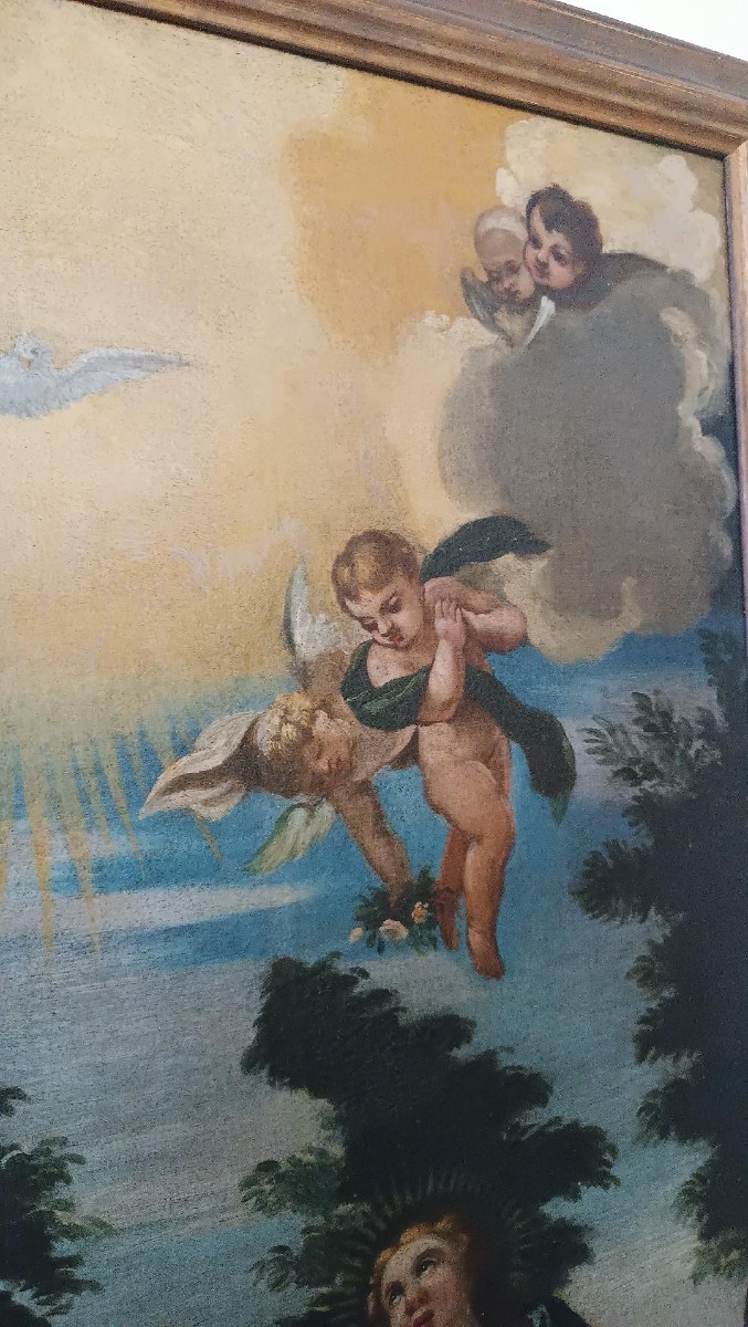 Dipinto antico olio su tela madonna con bambino e angeli XVIII secolo-photo-7