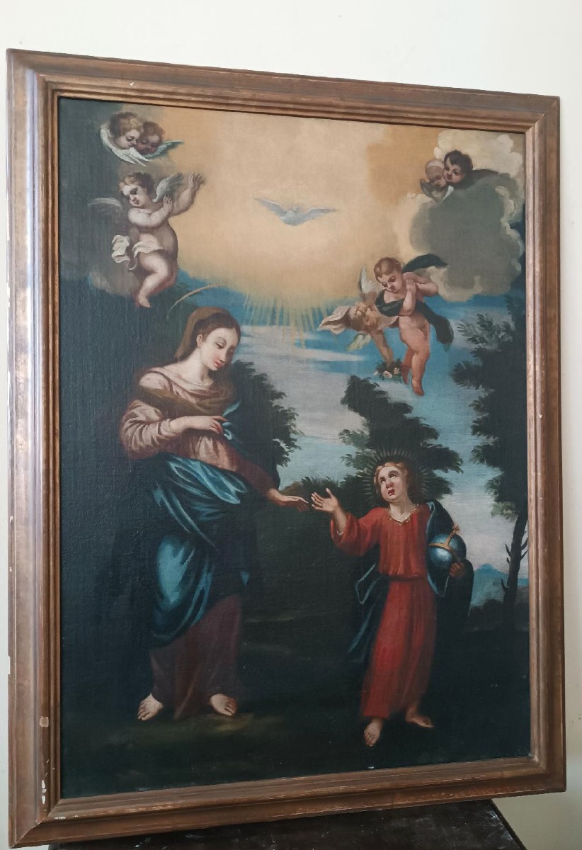 Dipinto antico olio su tela madonna con bambino e angeli XVIII secolo