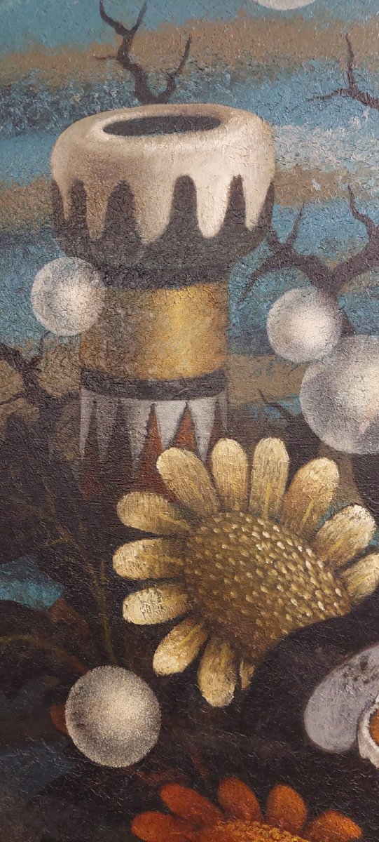GRANDE OLIO SU TELA SURREALISTA  DEL PITTORE  GIANFRANCO  RONTANI .misura 118 x 97 cm --photo-1